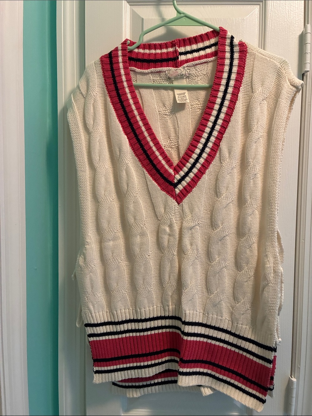 Free People Cream Cable-Knit V-Neck Sweater Vest with Pink & Black Stripe Trim